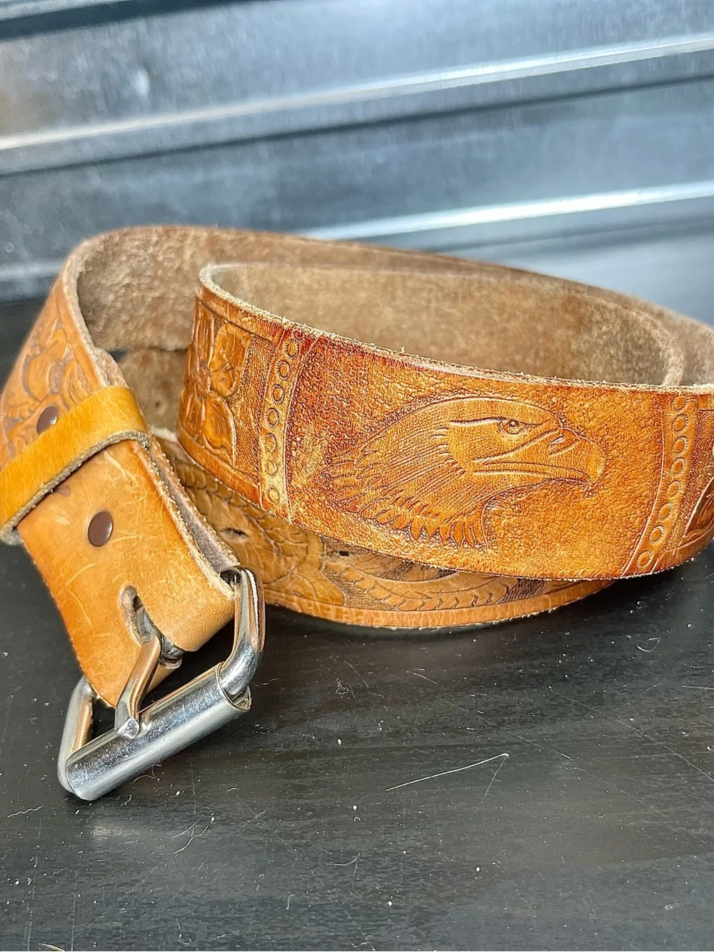 Vintage Tooled Leather Eagle Belt Brown Floral Western Cowboy Unisex Made in USA